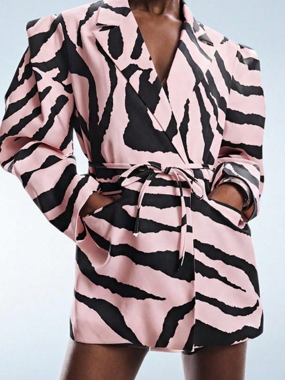 Multicolor Elegant Women's Zebra Print Wide Shoulder Cinched Waist Blazer - Picture 3 of 8